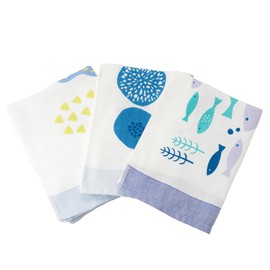 Muko Towel Pela Face Towel, Gauze Towel, Made in Japan, Senshu Towel, Thin, Quick Drying, Printed Towel, Set of 3, Blue Assortment
