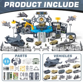 Military Base Toy, Army Toys Set with 14 Vehicles Airplane Plane Tank Trucks Helicopter Fighter Jet, Play Mat with Army Men Action Figures and Accessories, Birthday Gift for Kids