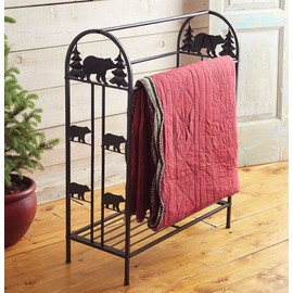 Black Forest Décor Black Bear Metal Quilt Rack – Rustic Bear Silhouette with Pine Tree Design, 29" x 18.5" x 36.25"