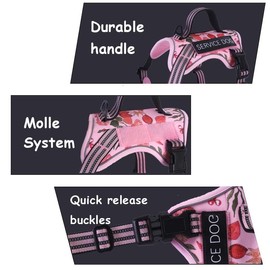 Foxyep Tactical Dog Harness,Working Dog MOLLE Vest with Handle for Small Dogs No Pull Adjustable Pet Harness Reflective Strap with Dog Leash Set(S,Green&Pink Flower)