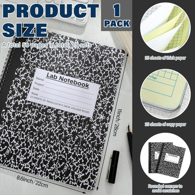 Affrolling 1 Pack Carbonless Lab Notebook Carbon Copy 8.5'' x