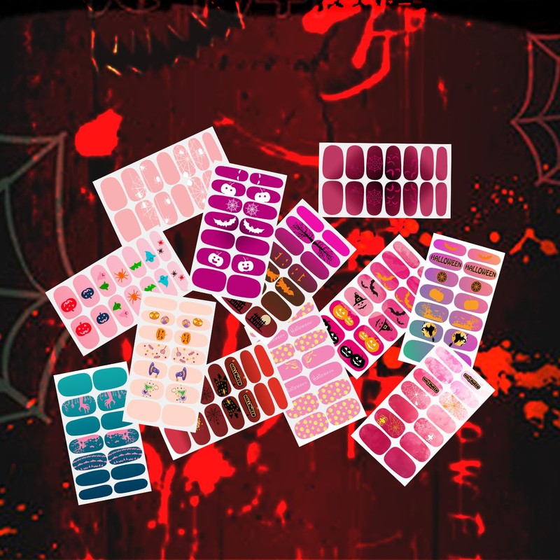12 Sheets Pink Red Halloween Nail Stickers for Women, Gradient