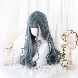 Eileen Long Curly Blue Wig, Perm, Full Wig, Natural Texture, Curly Hair, Princess Hair, Fluffy, Heat Resistant, Wig, Wind Chasing Girl, Small Face, Cute