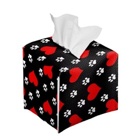 Annejudy Dog Paw Hearts Print Tissue Box Cover PU Leather Square Tissue Box Holder with Bottom Belt Valentine's Day Tissue Box Organizer for Home Car Hotel Office Restaurant