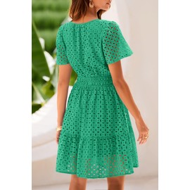 PRETTYGARDEN Womens 2025 Summer Short Dress V Neck Short Sleeve A Line Hollow Out Lace Ruffle Cute Casual Beach Party Dresses (Green,Small)