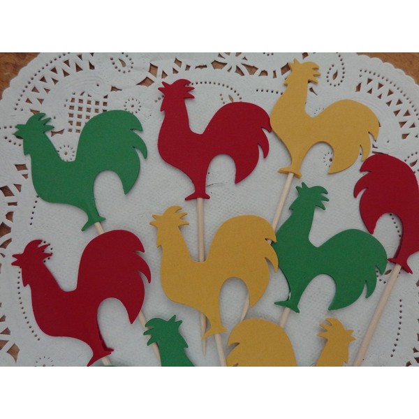Rooster Cupcake Toppers - Red Green and Yellow Farmhouse Rooster