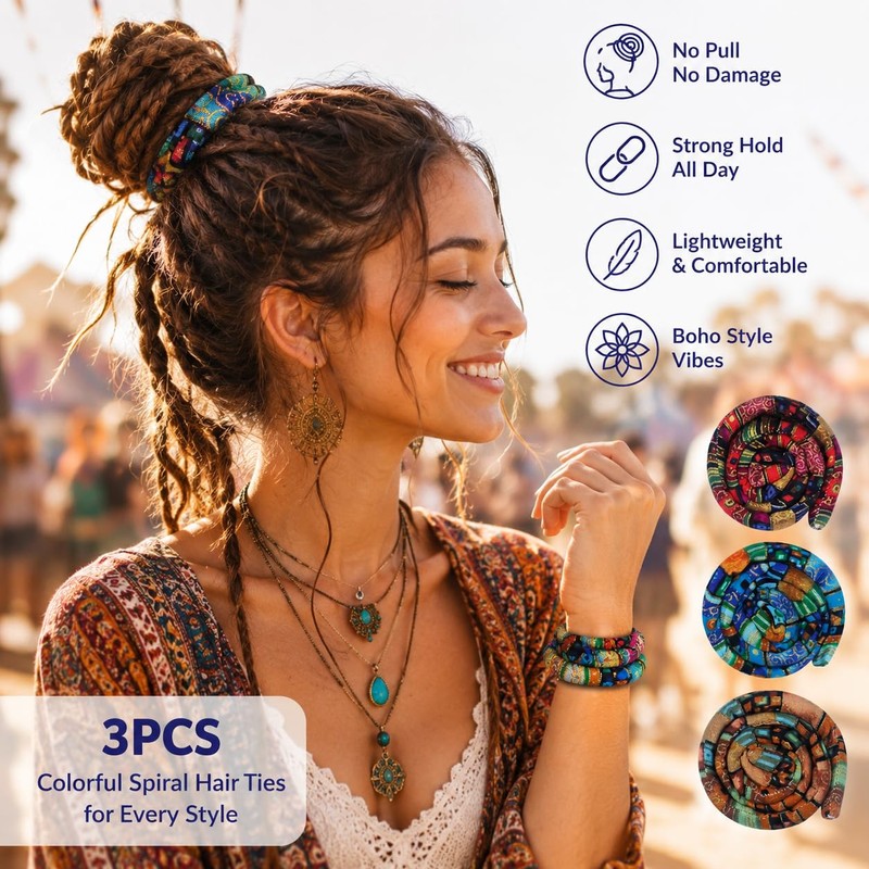Cctetn 3 Pack Spiral Hair Ties Boho Accessories for Thick
