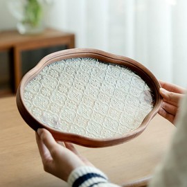 Miraixia "Chinoiserie Retro" Flora Glass Cafe Tray, Cloud, Ellipse, Floral Tray, Glass Tea Tray, Cafe Plate, Stylish, Glass Plate, Hanaitang Pattern, Wooden Frame Oriental Tray 11.4 x 8.1 x 1.0 inches