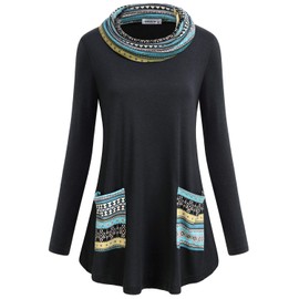 MOQIVGI Tunic Tops for Leggings for Women,Long Sleeve Cowl Neck Boho Patchwork Pullover Sweater Fashion Casual Ligntweight Loose Fit A Line Flowy Sweatshirts Ladies Boutique Clothing Black Medium