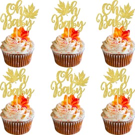 24 piezas de decoración de cupcakes de hoja de arce Oh para bebé, con purpurina, para otoño, baby shower, temática de Acción de Gracias, baby shower, niños y niñas, decoración de pasteles, suministros dorados