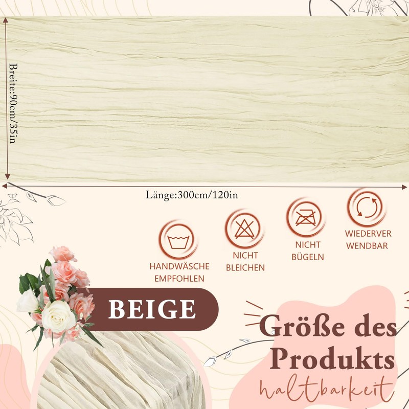 CUEMOON Stylish Bohemian Gauze Natural Beige Table Runner, Thin Table