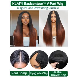 KLAIYI Yaki Straight V Part Wig Human Hair Ombre Reddish Brown Upgrade U Part Wig with Dark Roots No Leave Out Drawstring Clip In Half Wigs Glueless 30S Ready to Wear and Go Beginner Friendly 20Inch