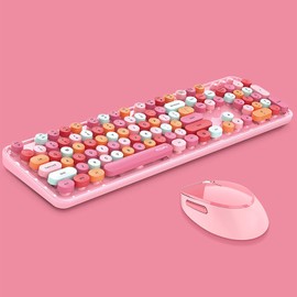 2.4G Full-Size Wireless Keyboard and Mouse Combo, Multi-Color Typewriter Style Round Keycap, Cute Candy Colors, Compatible with Notebook, PC (104 Keys,Pink)