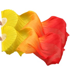 KIKIGOAL 1 Pair(Left+Right) Women Real Silk Belly Dance Fan Veil, Length 180cm Width 90cm (Gradual Yellow)