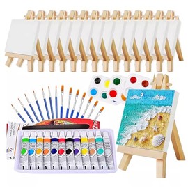 14 Mini Lienzos y Bastidores con 14 Caballete y 14 Pinceles para Pintura Acrilica, 3 Paletas de Arte 12 Mini Pinturas para Niños es un Regalo perfecto (8×8 cm)