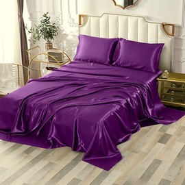 Sfoothome 4Pcs Silky Satin Sheets Set, Full Satin Bed Sheets Set, Purple Satin Bedding Sets, Breathable Soft Sheets Set Includes 1 Fitted Sheet, 1 Flat Sheet, 2 Pillowcases