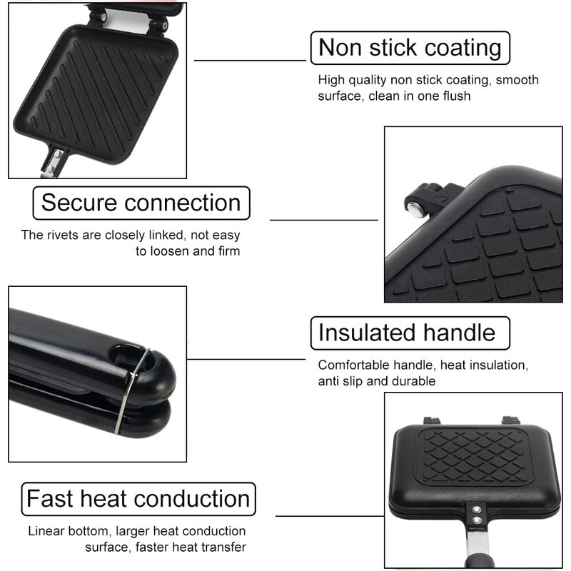 Sandwich Maker, Grilled Sandwich Press with Handle, Double-Coated Non-Stick Stovetop