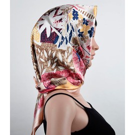 corciova 4 Pcs 35 x 35 Square Curly Hair Scarf Black Women Silk Headband Tie Bandanas Headscarf Leaves (Navy Red Orange Pink)