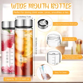 Vesici 4 Pcs 20 oz Glass Water Bottles with Lids Wide Mouth Clear Reusable Glass Juice Bottles with Scale for Juicing, Smoothies, Milk, Protein, Beverage Storage, Stainless Steel Lids, Borosilicate
