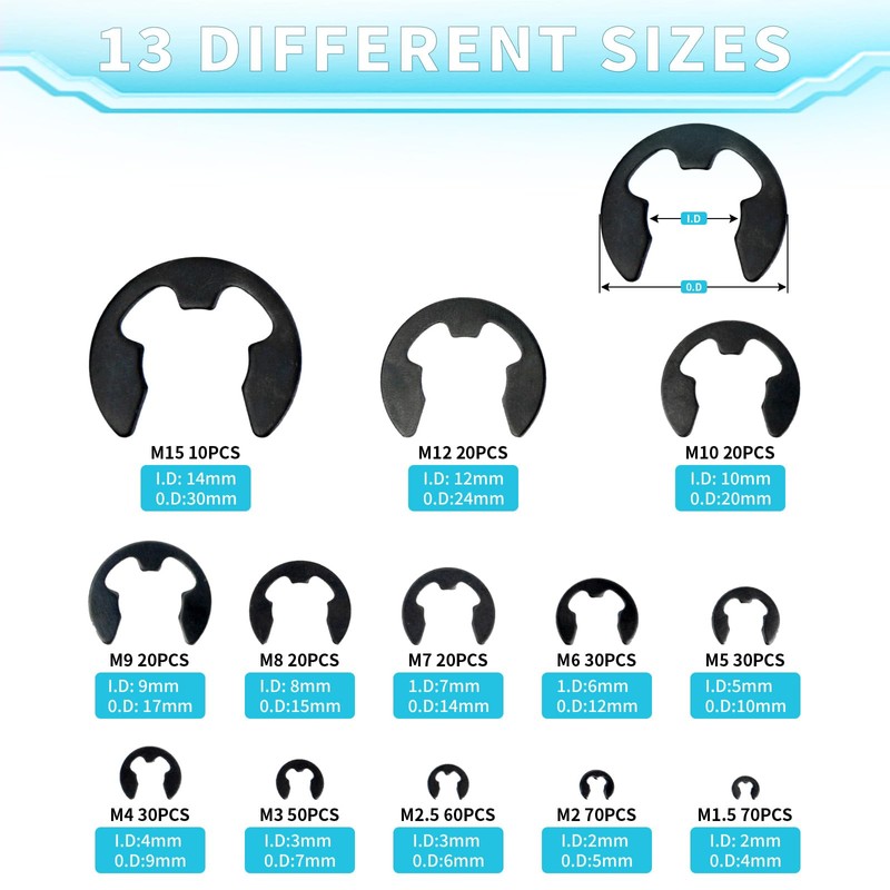 External Retaining Ring E-Clips Set, 450Pcs Snap Opening Ring Circlip