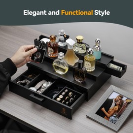 BLISSORE Cologne Organizer for men - Cologne Display Holder and Perfume Stand - Essential Wood Perfume Organizer with Drawer Storage for room décor for Men & Women