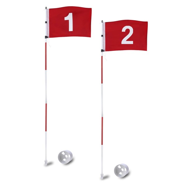 KINGTOP Golf Pin Flags Pro, Practice Putting Green Flagstick Hole Cup Set, Golf Flag Stick for Driving Range | Backyard | Indoor | Outdoor, 5-Section Design, Red Flag Numbered #1 #2, Both 6ft Flagpole, 2-Set