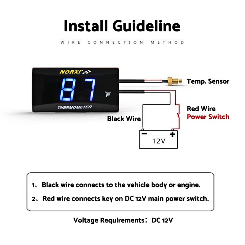 Motorcycle Water Temp Gauge Fahrenheit Display 32~248F Over-Temperature Alert, Universal