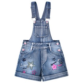 Peacolate 4-10 Years Summer Little Kids Denim Shortalls Flip Sequins Embroidery Blue Dungarees Shorts Overalls, star