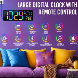 TXL16.5 Digital Wall Clock Large Display, LED Wall Clock RGB Color Changing, Count Up/Down Timer Clock with Remote Control, Adjustable Brightness Alarm Clock for Home, Office, Gym, Elderly, Auto DST
