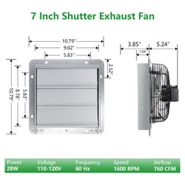 Aibabcue Shutter Exhaust Fan with Thermostat & Speed Control, 760 CFM,1600RPM, Upgrade 7 inch Wall Mount Attic Vent Fan for Chicken Coops, Greenhouse, Gable, Barn, Garage, Shed Ventilator