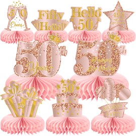 Voxisroma Pack of 9 50th Birthday Decoration, Decoration 50th Birthday Women, Rose Gold Pink Honeycomb Centrepiece Table Decoration Birthday, 50th Birthday Party Decoration Supplies, Gifts for Women