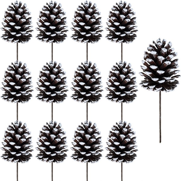 Winlyn 12 Pcs Frosted Pinecone Picks Christmas Pine Cones Sprays White Tipped Medium Pinecones Stems 8.1" Tall for Christmas Tree Floral Arrangements Holiday Crafts Wreath Winter Wedding