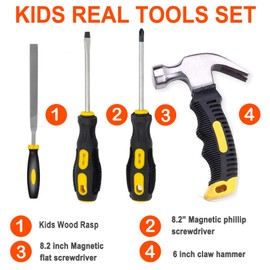 QeeHeng Kids Real 20Pcs Construction Tool Set with Blue Toolbox and Protective Clothing, Beginner Woodworking Tool Set, Educational Gift