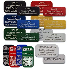 UAV-ID - Drone licence plate - name plate or e-ID, 20 x 8 mm or 20 x 11 mm, 3 or 4 lines, anodised aluminium in various colours, high-quality laser labelling.