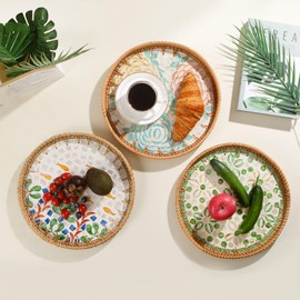 Aayoruro Round Rattan Tray with Mother of Pearl Inlay, Decorative Wicker Serving Tray with Wooden Base, Woven Basket Trays for Bread Fruits Coffee