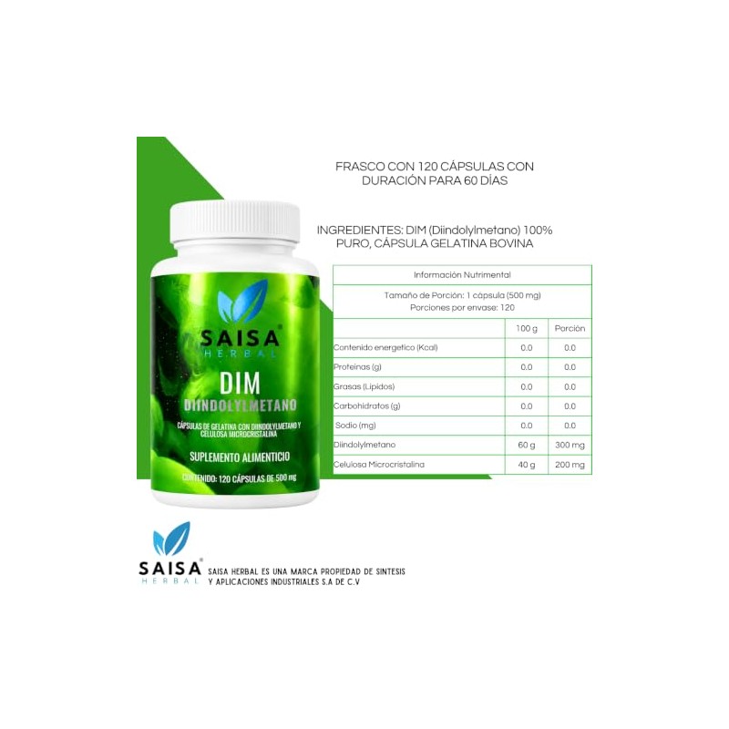 Suplemento Dim (diindolilmetano) 120 Cápsulas Saisa Herbal