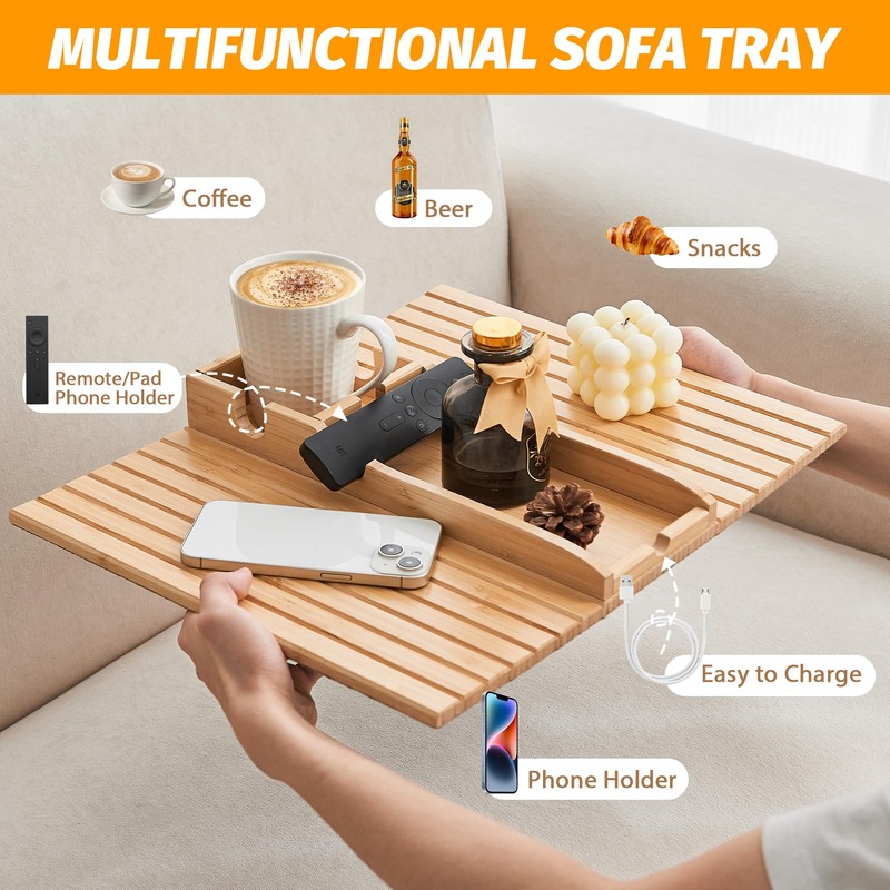 GEHE Bamboo Couch Cup Holder, Anti-Spill Sofa Arm Tray, Natural
