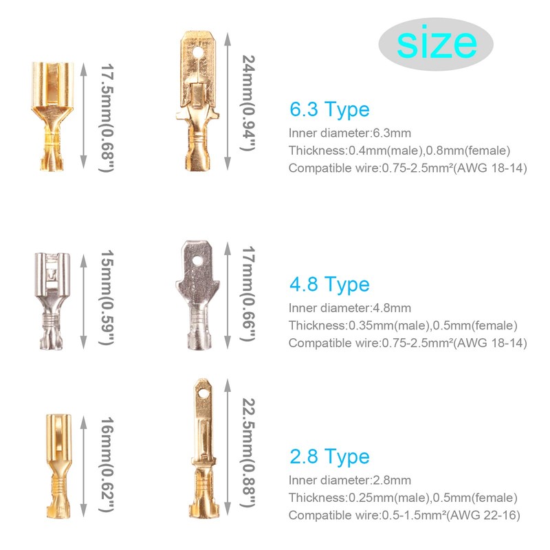 Kinstecks 150PCS 2.8mm 4.8mm 6.3mm Wire Spade Connector 3.9mm Bullet