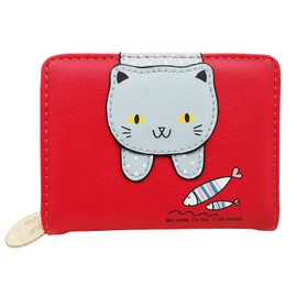 Spldsun Women's Cartoon Cat Wallet, Cat Decoration Zip Purse, Leather Small Purse with Zip, Gifts for Girls, rose red, Playful
