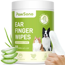 PawSono Ear Finger Wipes for Dogs & Cats, Thicker Dog Ear Cat Ear Cleaner Wipes, Natural Relief Cat Ear Cleaner Dog, Pet Health Supplies for Dog Kitten Small Animal, Aloe Scent Deodorizing, 50 Count