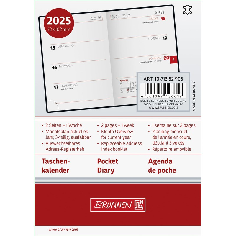 BRUNNEN Pocket Diary Model 713 (2025), 2 Pages = 1