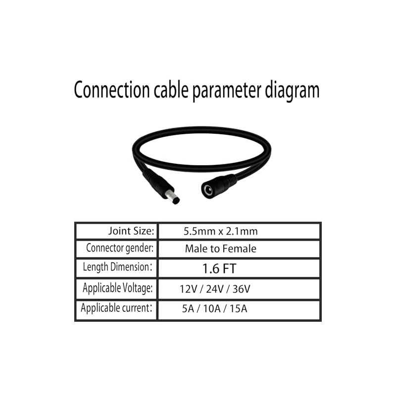 5.5mm x 2.1mm 1.6FT DC Power Extension Cable Male to