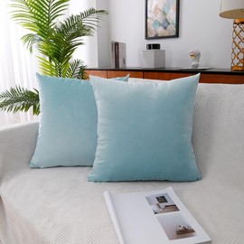 MoonRest - Pack of 2, Velvet Decorative Pillow Cover Set, Cozy Soft with Hidden Zipper Solid Color for Sofa Bedroom Car Couch Throw Pillow 16 x 16 Baby Blue
