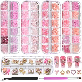 5 Boxes 3D Nail Charms Set,24Pcs Y2k Alloy Nail Art Rhinestone Charms 3D Bow Flower Crown Heart Star with Tweezers and Dual-end Brush for Manicure Salon DIY Crafts,Face Makeup Gems Jewels (Pink)