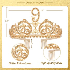 9th Birthday Sash and Tiara for Girls - Fabulous Glitter Sash + Forest Rhinestone Gold Premium Metal Tiara for Girls, 9th Birthday Gifts for Princess Party