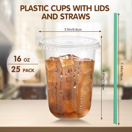 25 Sets of Plastic Cups with Lids and Straws, Disposable Plastic Iced Coffee Cups, PET Material, Crystal-Clear Style, Suitable for Cold Beverages, Juices, Smoothies, Coffee Shops(Clear , 16 oz)