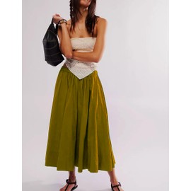 Zontroldy Women's Fashion Midi Skirt Elastic Waist Pleated Casual Cotton Long Skirts with Pockets(1318-YellowGreen-S)