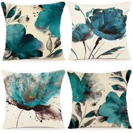 ZWJD Flowers Cushion Cover, 40 x 40 cm, Set of 4, Outdoor Cushion Covers, Linen Cushion Covers, Modern Abstract Flowers Cushion Covers for Sofa, Living Room, Decorative Cushion, 40 x 40 cm, A203-16