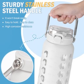 MUKOKO 64oz Glass Water Bottles with Straw and Lid,Half Gallon Water Bottle with Time Marker,Large Glass Water Jug with Silicone Sleeve and Stainless Steel Handle-White