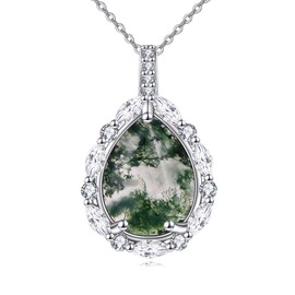 YAFEINI Moss Agate Necklace for Women 925 Sterling Silver Cubic Zirconia Pendant Teardrop Moss Agate Jewellery Gift for Girls